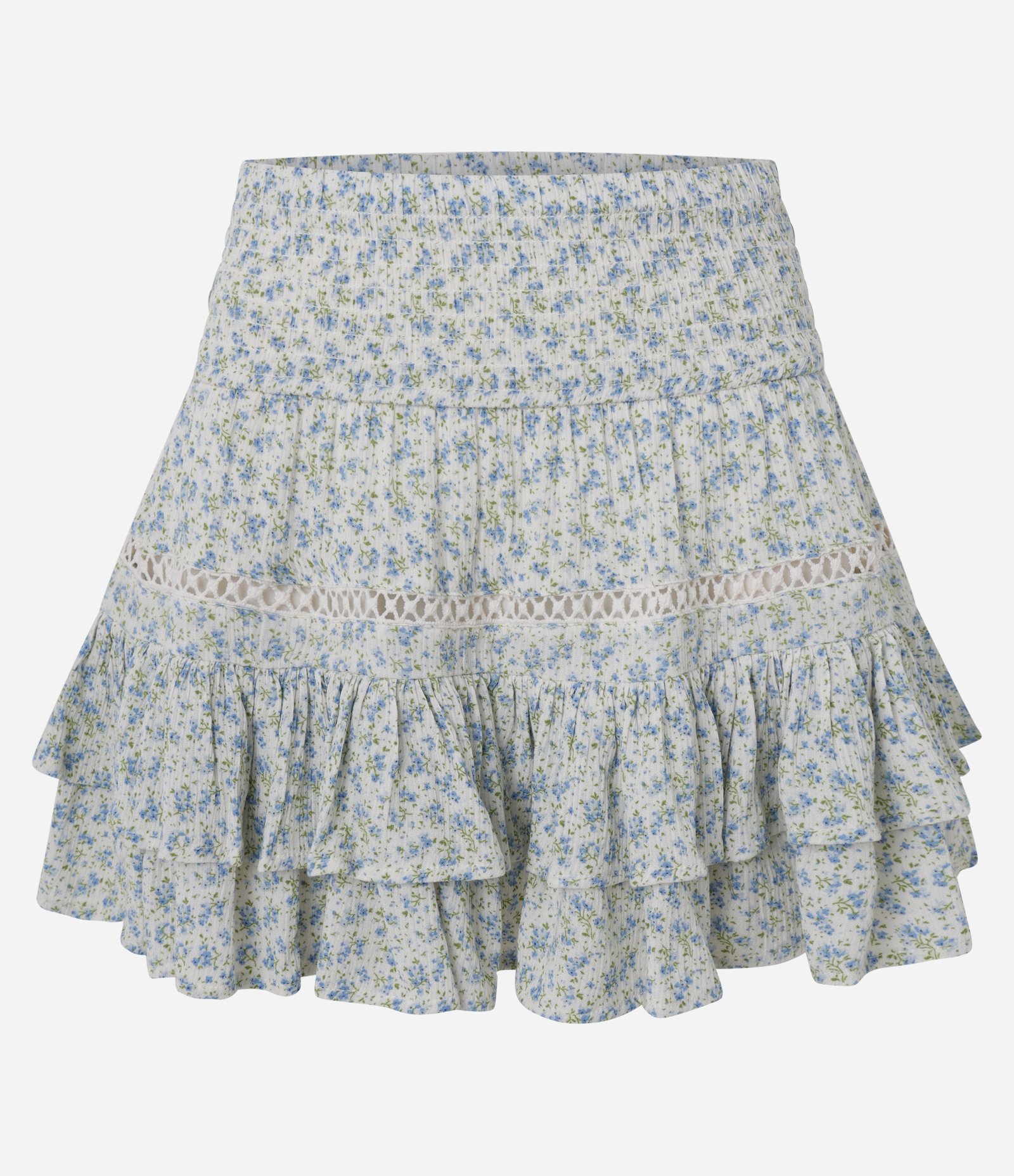 Saia Curta em Viscose Texturizada com Estampa Floral e Babados Azul Claro 5