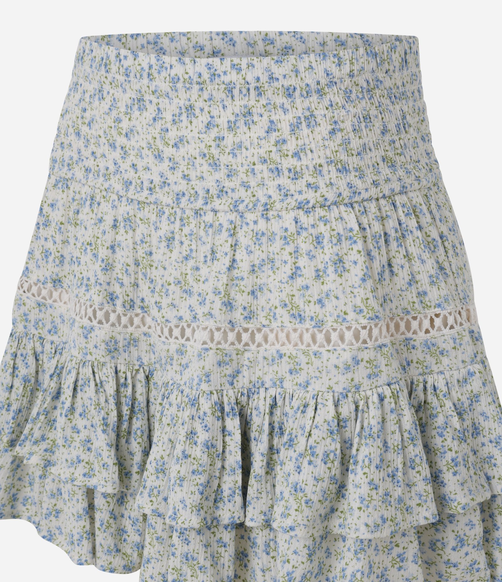 Saia Curta em Viscose Texturizada com Estampa Floral e Babados Azul Claro 6
