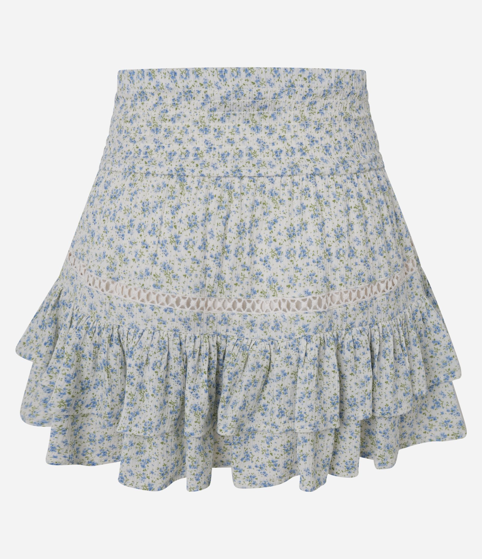 Saia Curta em Viscose Texturizada com Estampa Floral e Babados Azul Claro 7