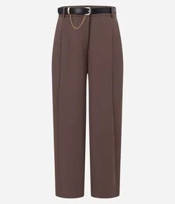 Calça Wide Leg Alfaiatada com Cinto e Detalhe de Corrente