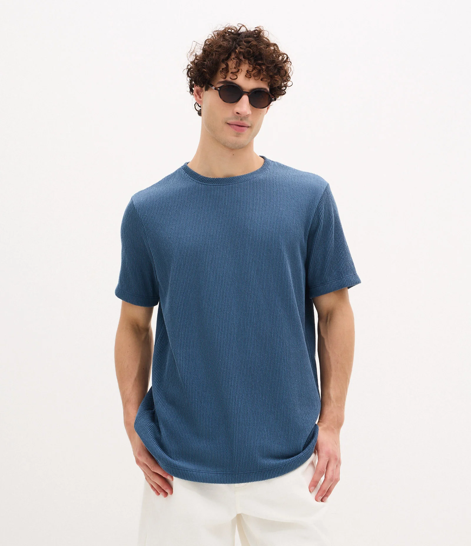 Camiseta Regular em Algodão Texturizado Azul 2