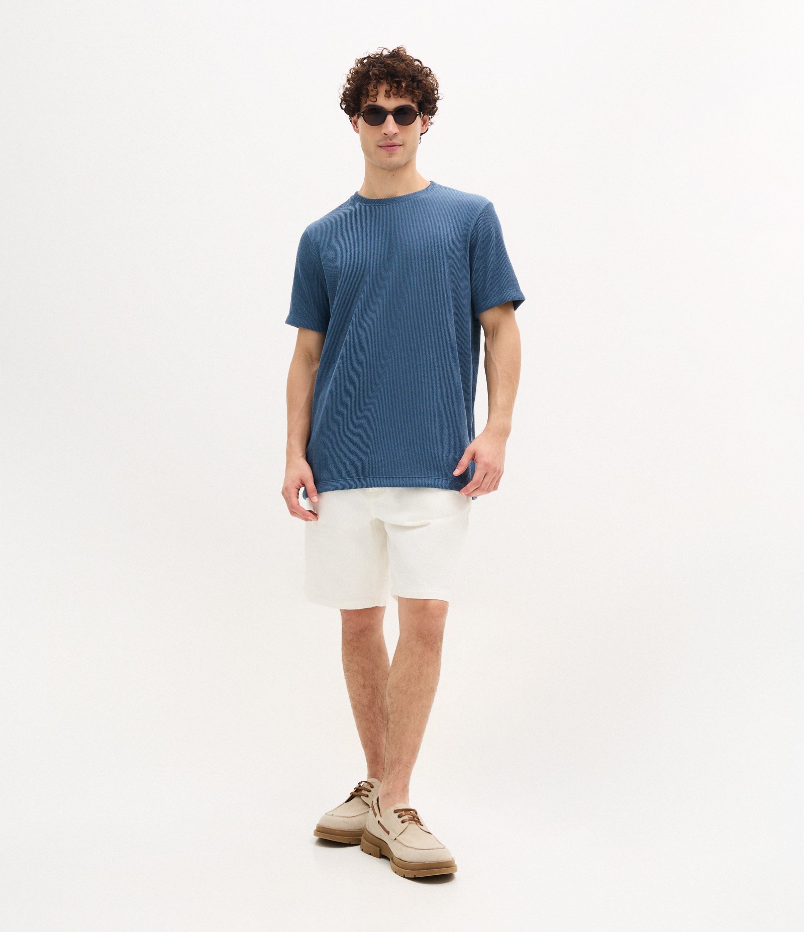 Camiseta Regular em Algodão Texturizado Azul 3