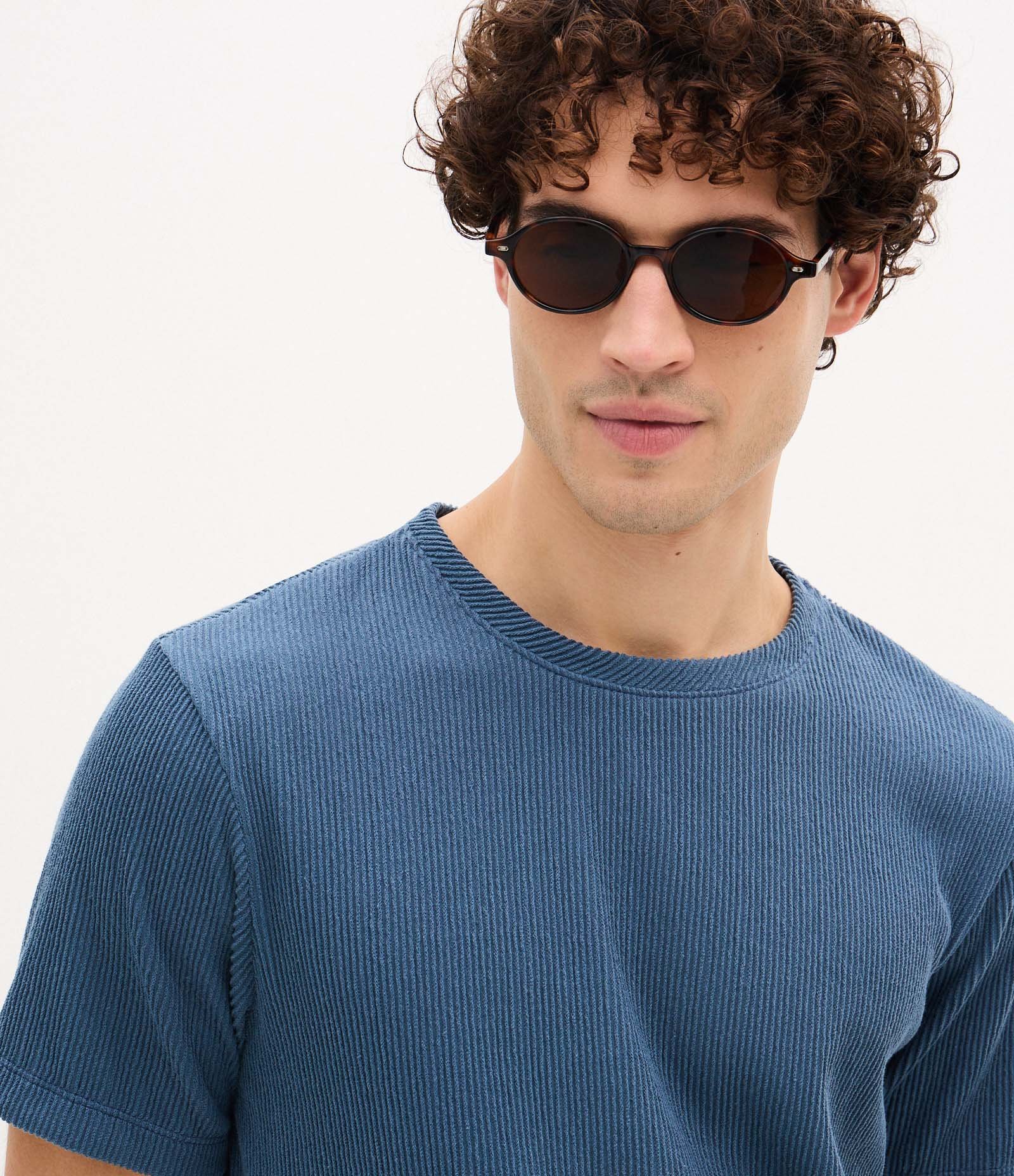 Camiseta Regular em Algodão Texturizado Azul 4