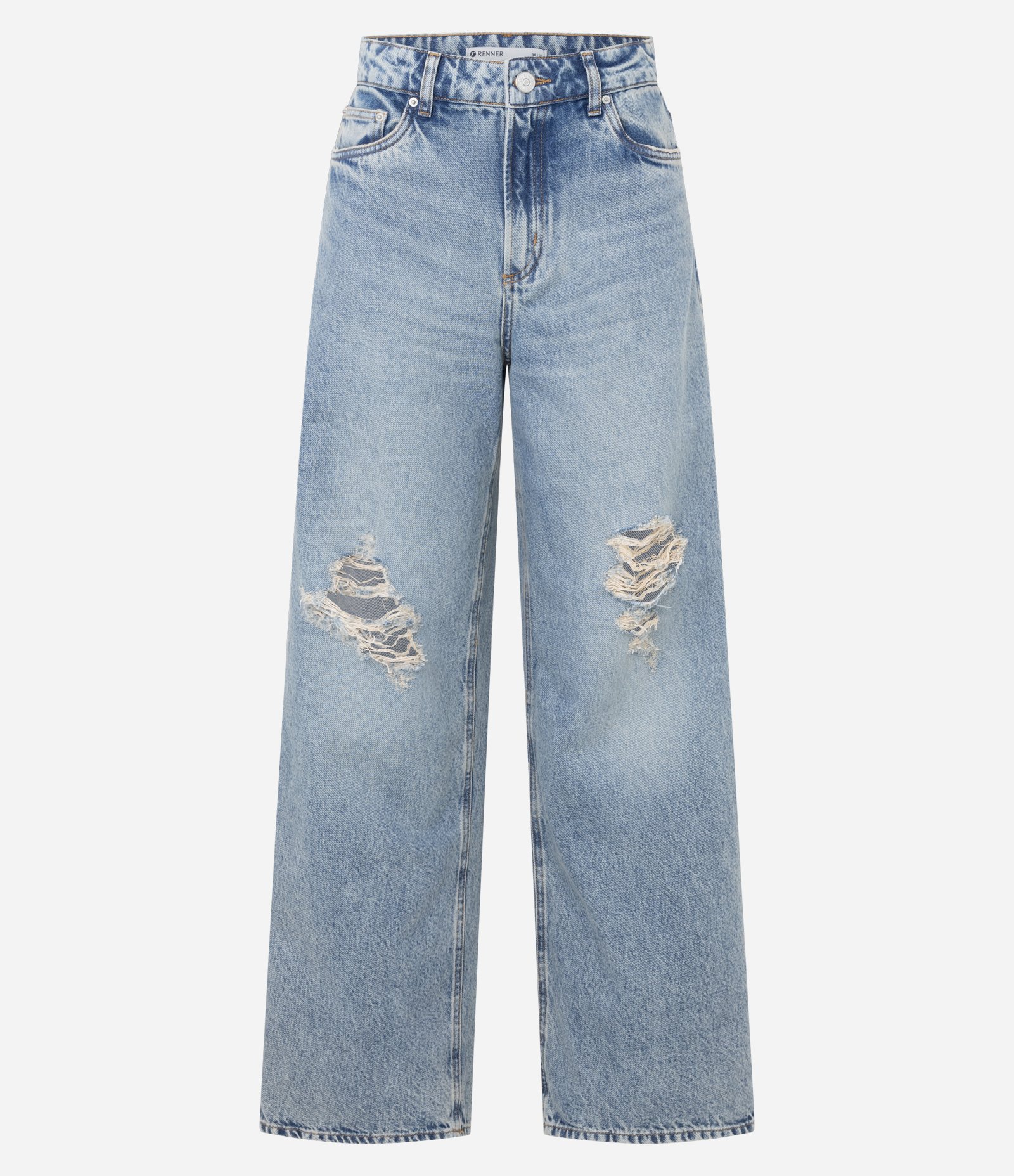 Calça Loose em Jeans com Cintura Baixa e Lavagem Estonada Azul 1