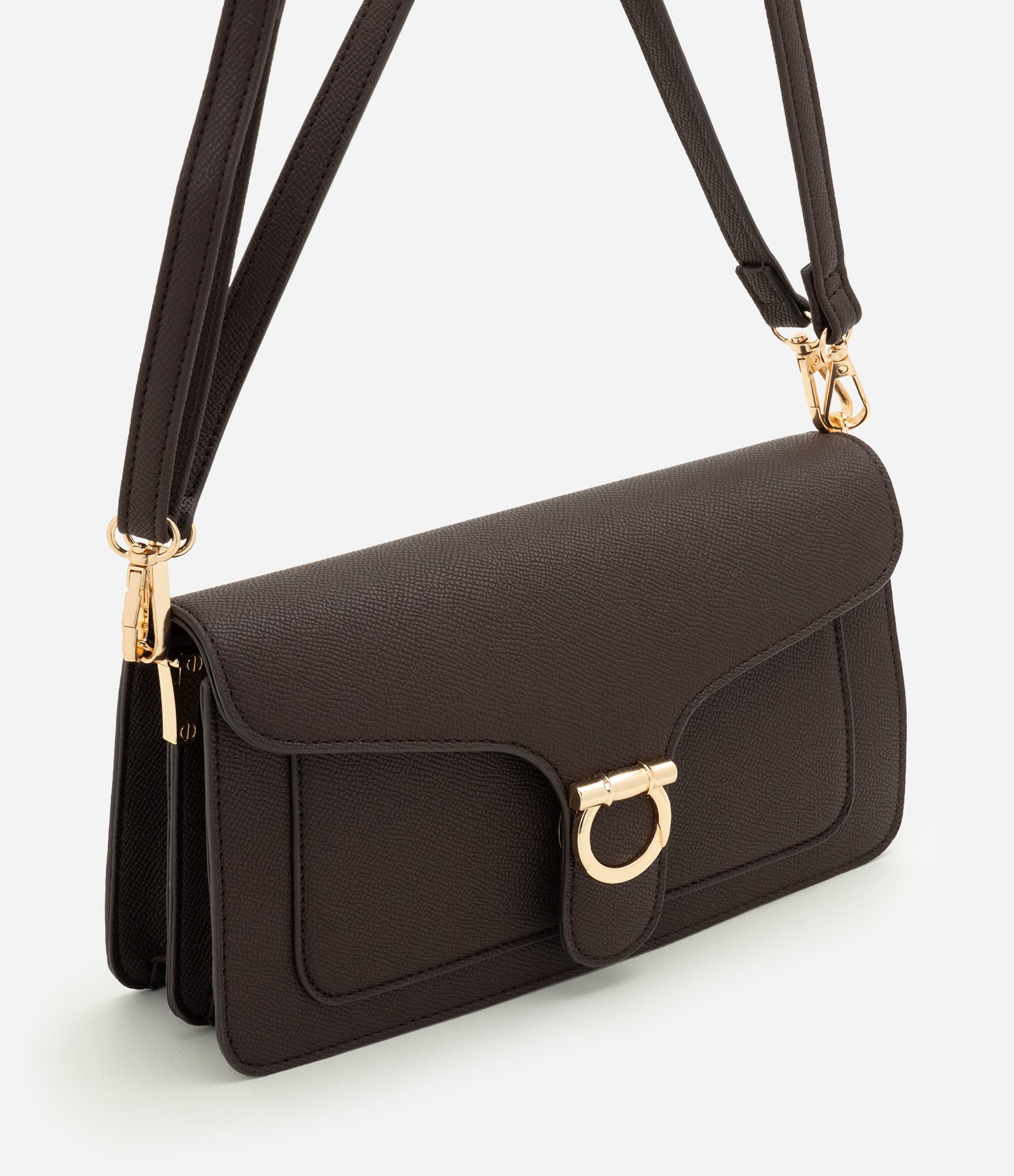 Bolsa Shoulder Média em PU com Aba Frontal Marrom 1