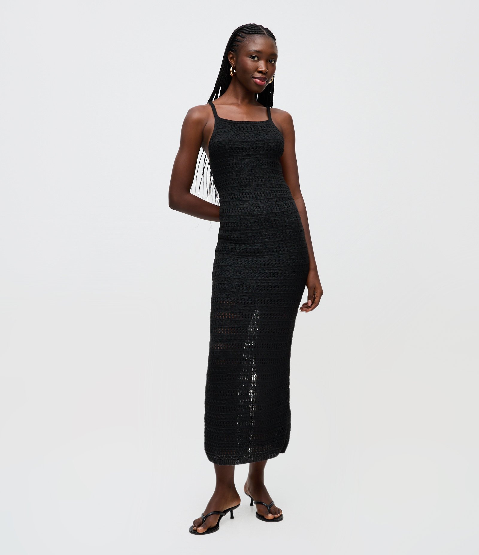 Vestido Long Midi em Tricô com Alças Cruzadas nas Costas Preto 1
