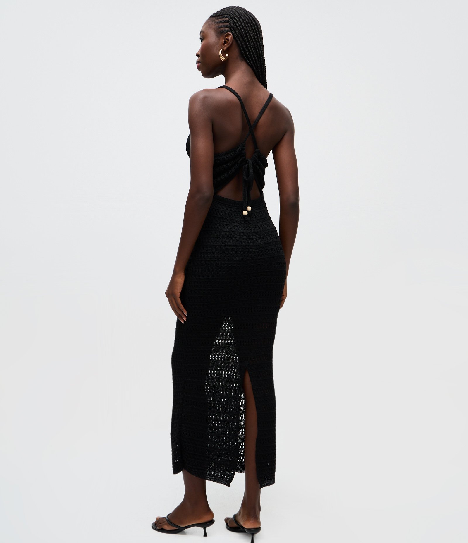 Vestido Long Midi em Tricô com Alças Cruzadas nas Costas Preto 3