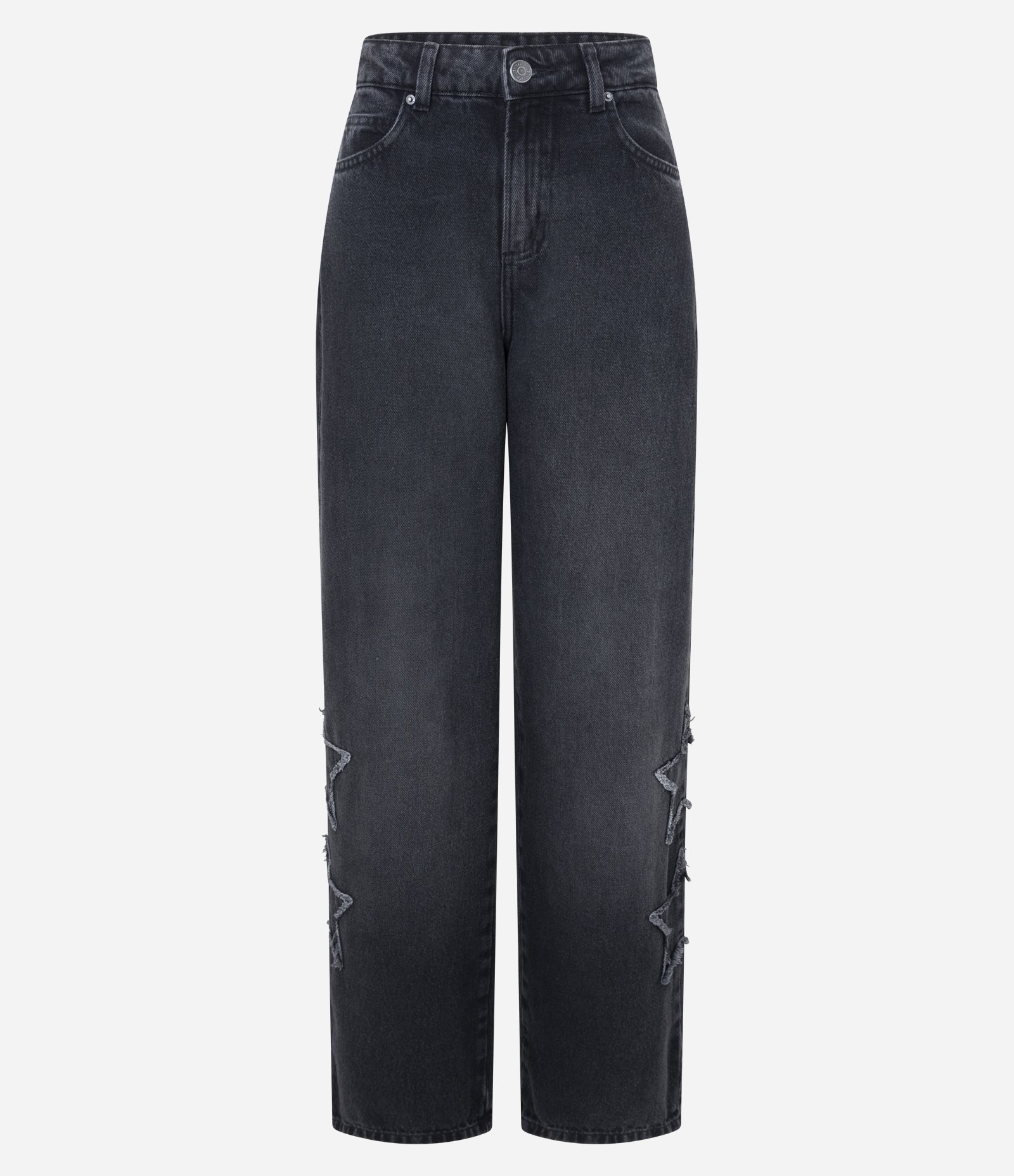 Calça Baggy em Jeans com Recortes de Estrelas e Cintura Média Preto 5