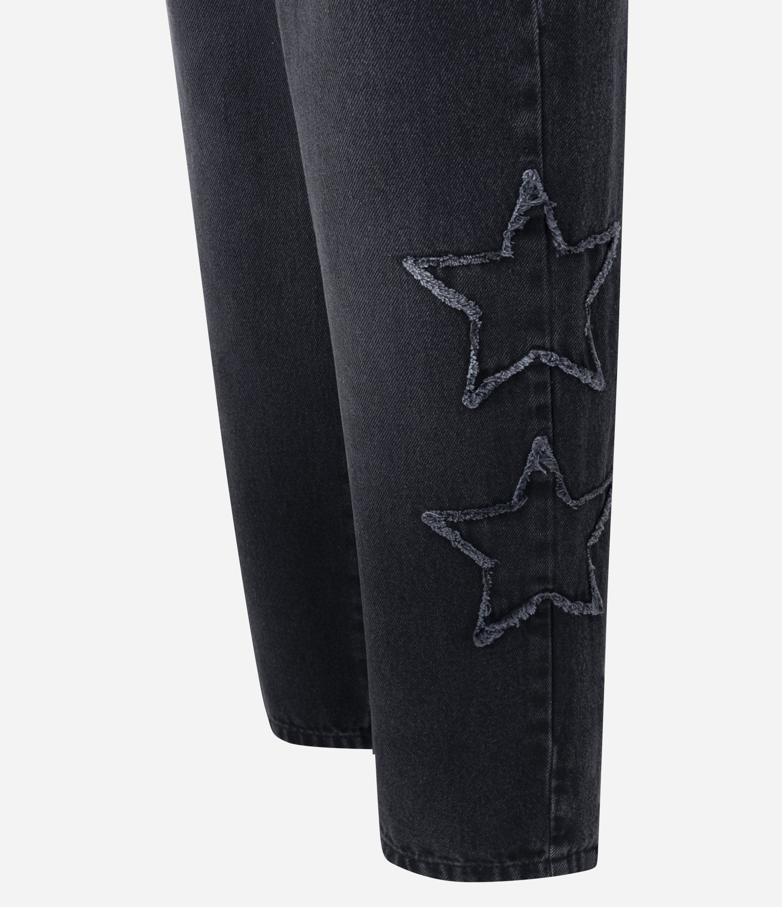 Calça Baggy em Jeans com Recortes de Estrelas e Cintura Média Preto 6