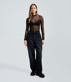 Calça Baggy em Jeans com Recortes de Estrelas e Cintura Média