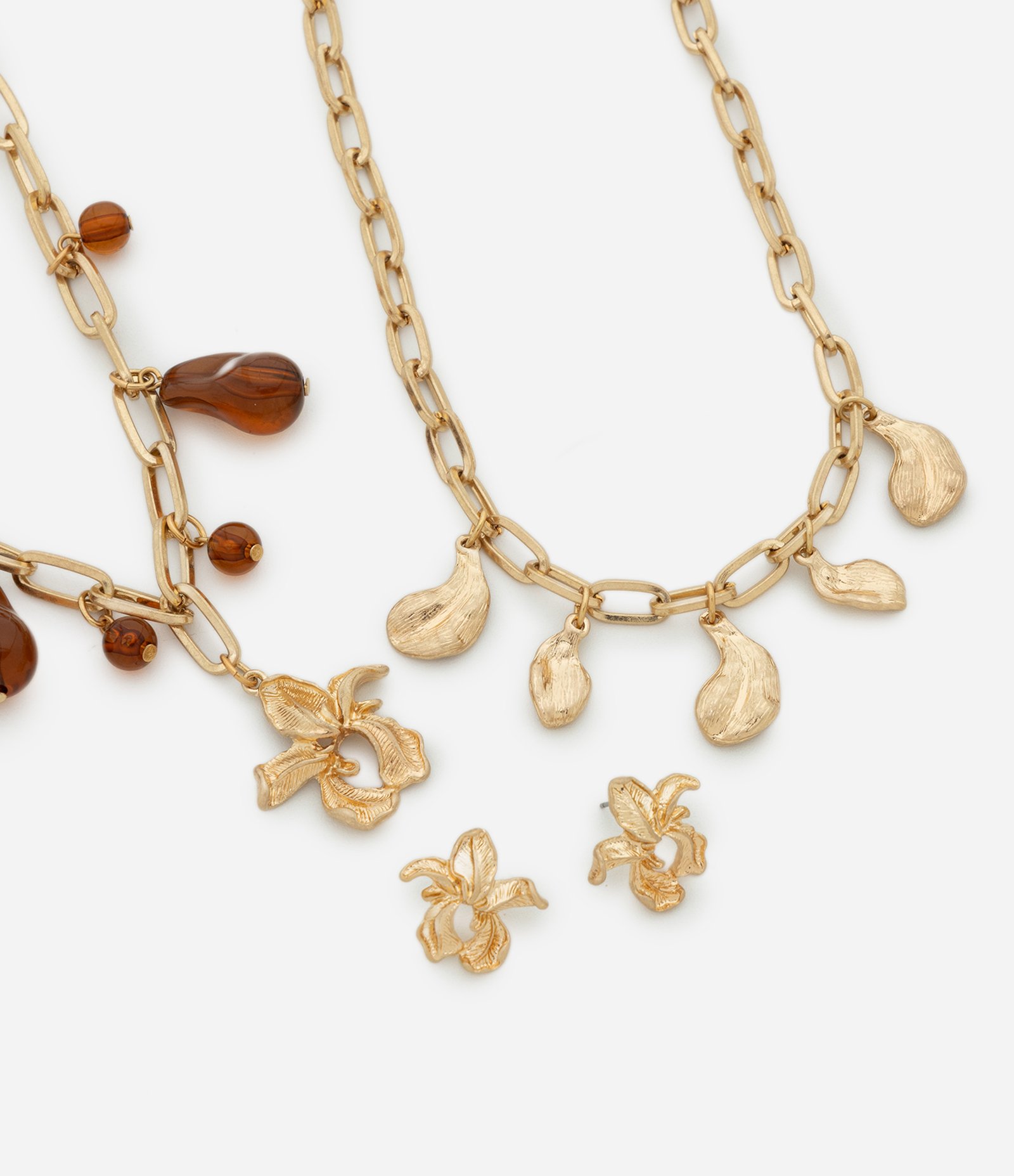 Conjunto de Brinco Botão e Correntes com Elos Robustos Dourado 2