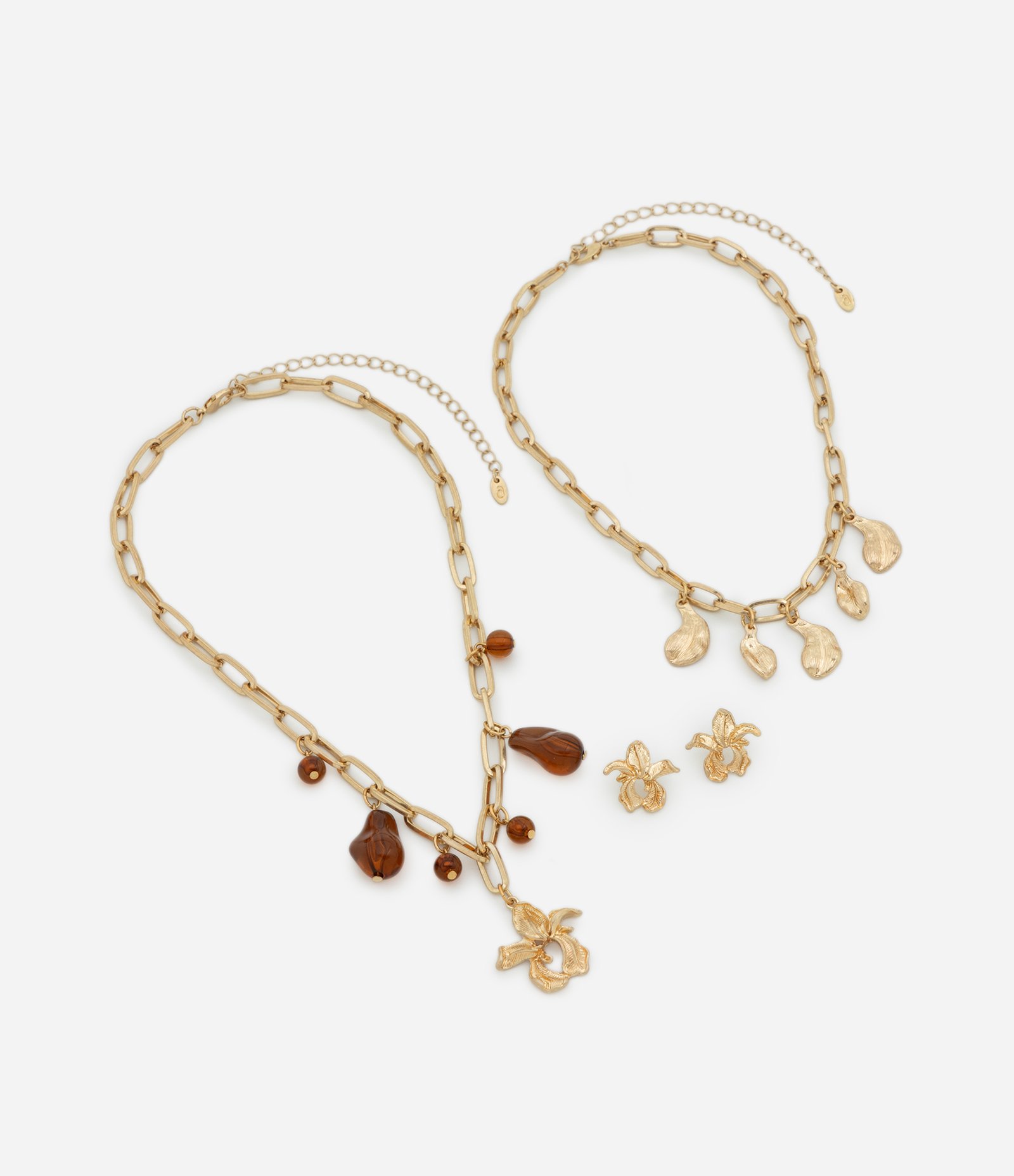 Conjunto de Brinco Botão e Correntes com Elos Robustos Dourado 3