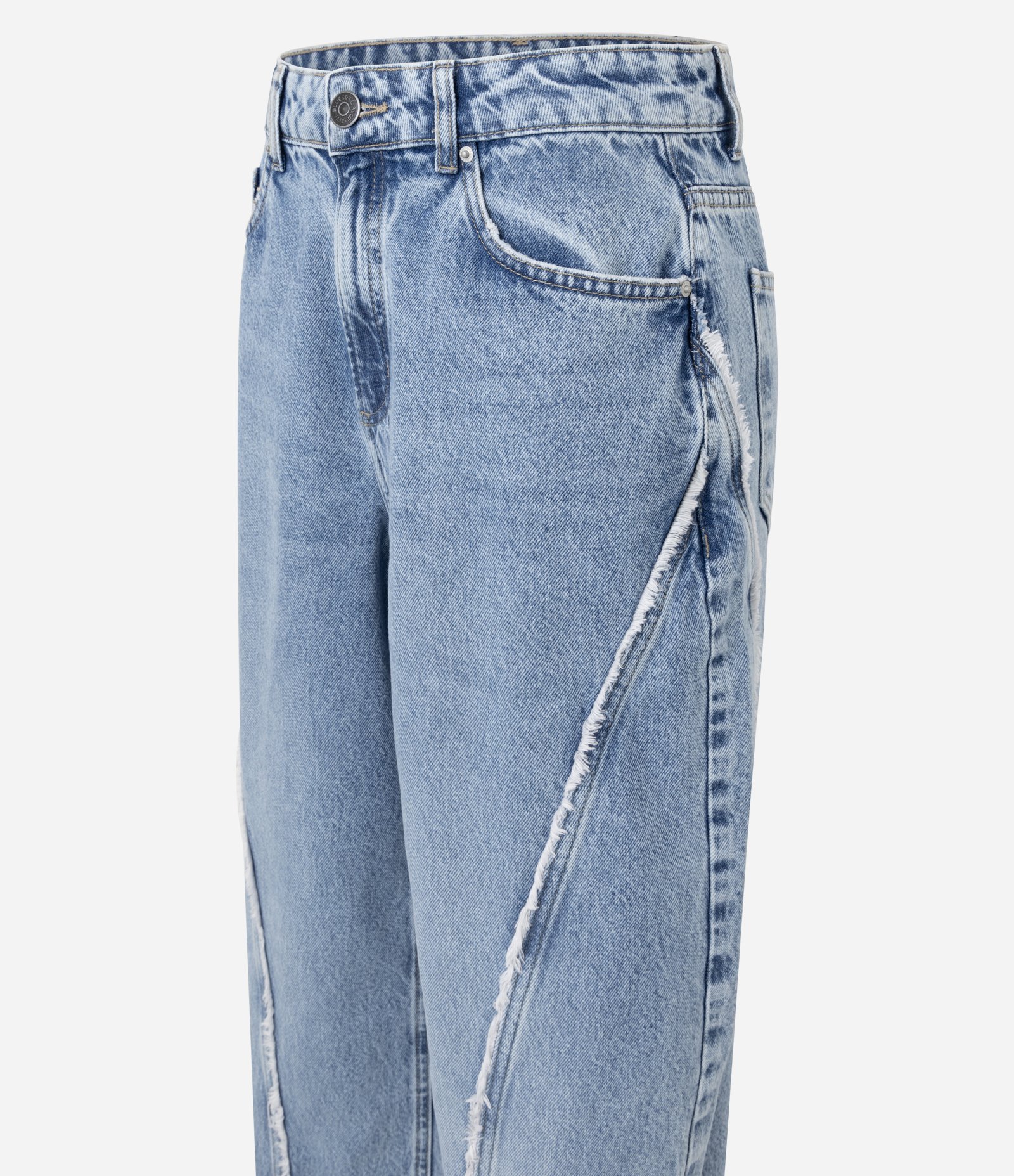 Calça Baggy em Jeans com Bordado Desfiado e Cintura Média Azul Claro 6