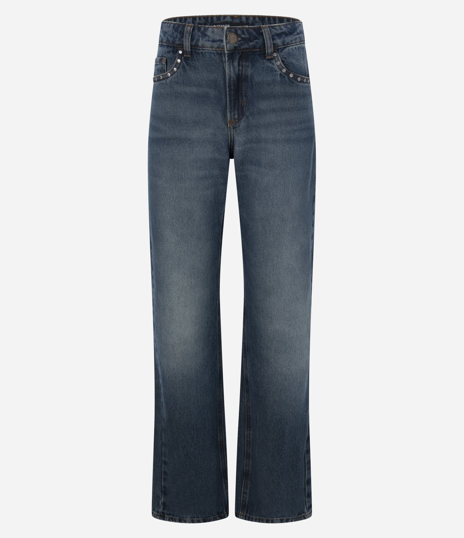 Calça Bootcut em Jeans com Cintura Baixa e Tachas nos Bolsos Azul Escuro 1