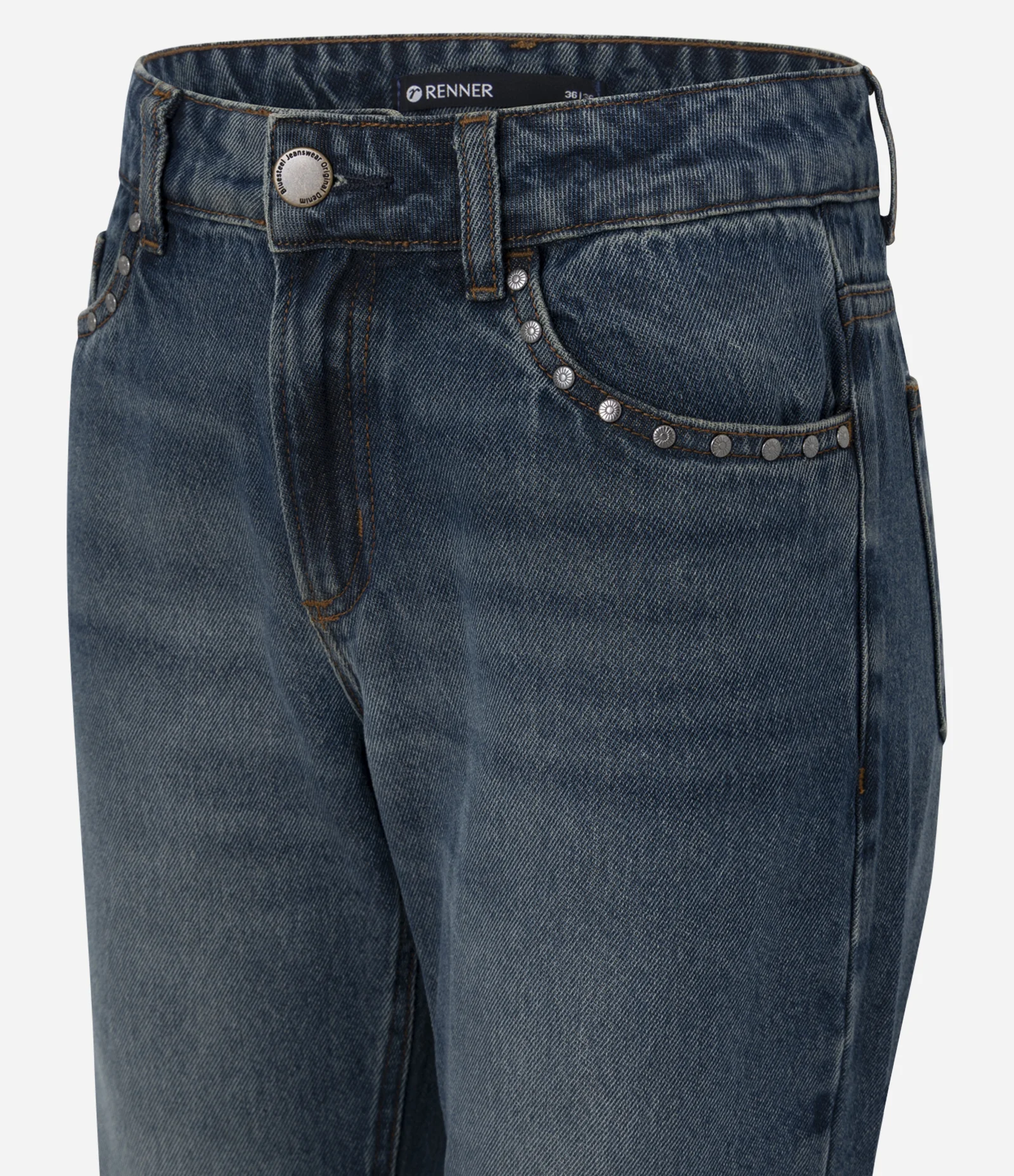 Calça Bootcut em Jeans com Cintura Baixa e Tachas nos Bolsos Azul Escuro 2