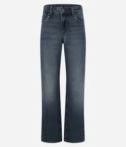 Calça Bootcut em Jeans com Cintura Baixa e Tachas nos Bolsos