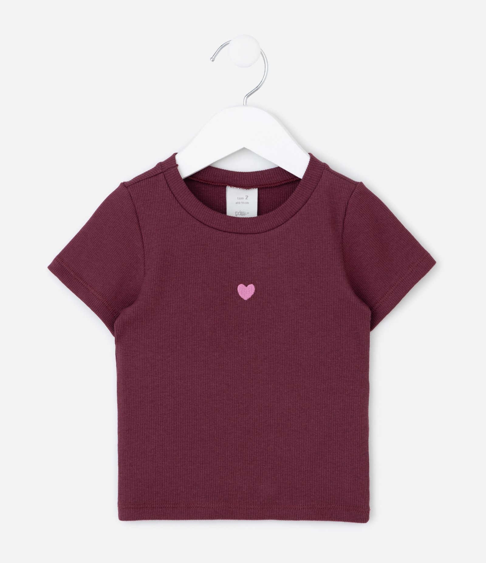 Camiseta Infantil em Ribana com Bordado Coração – Tam 1 a 6 Anos Vinho 1