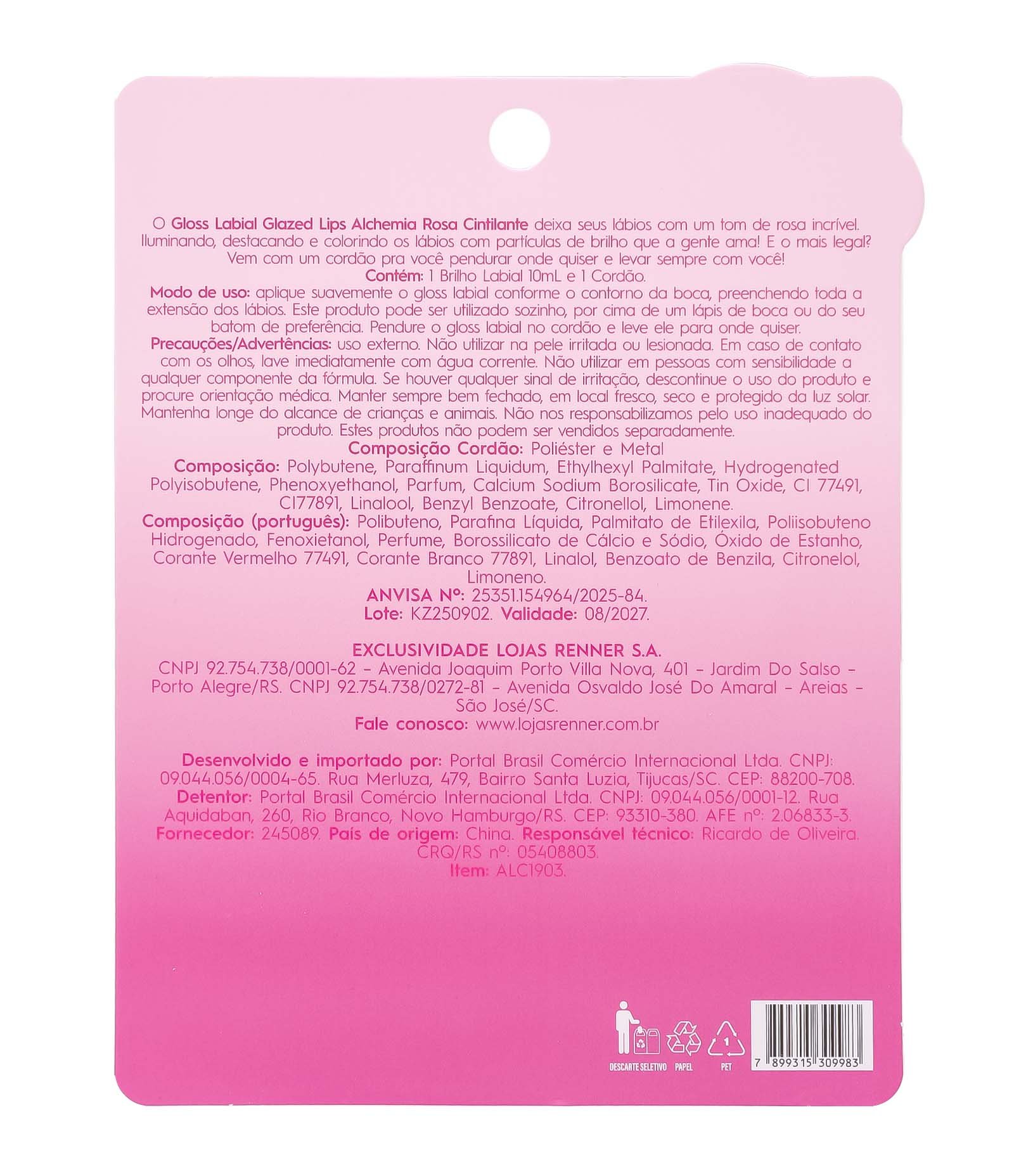 Gloss Labial  com Cordinha Cintilante Juicy Lips Alchemia U 2