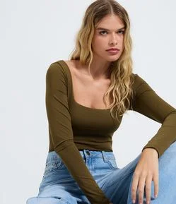Body Manga Longa em Microfibra com Decote Quadrado