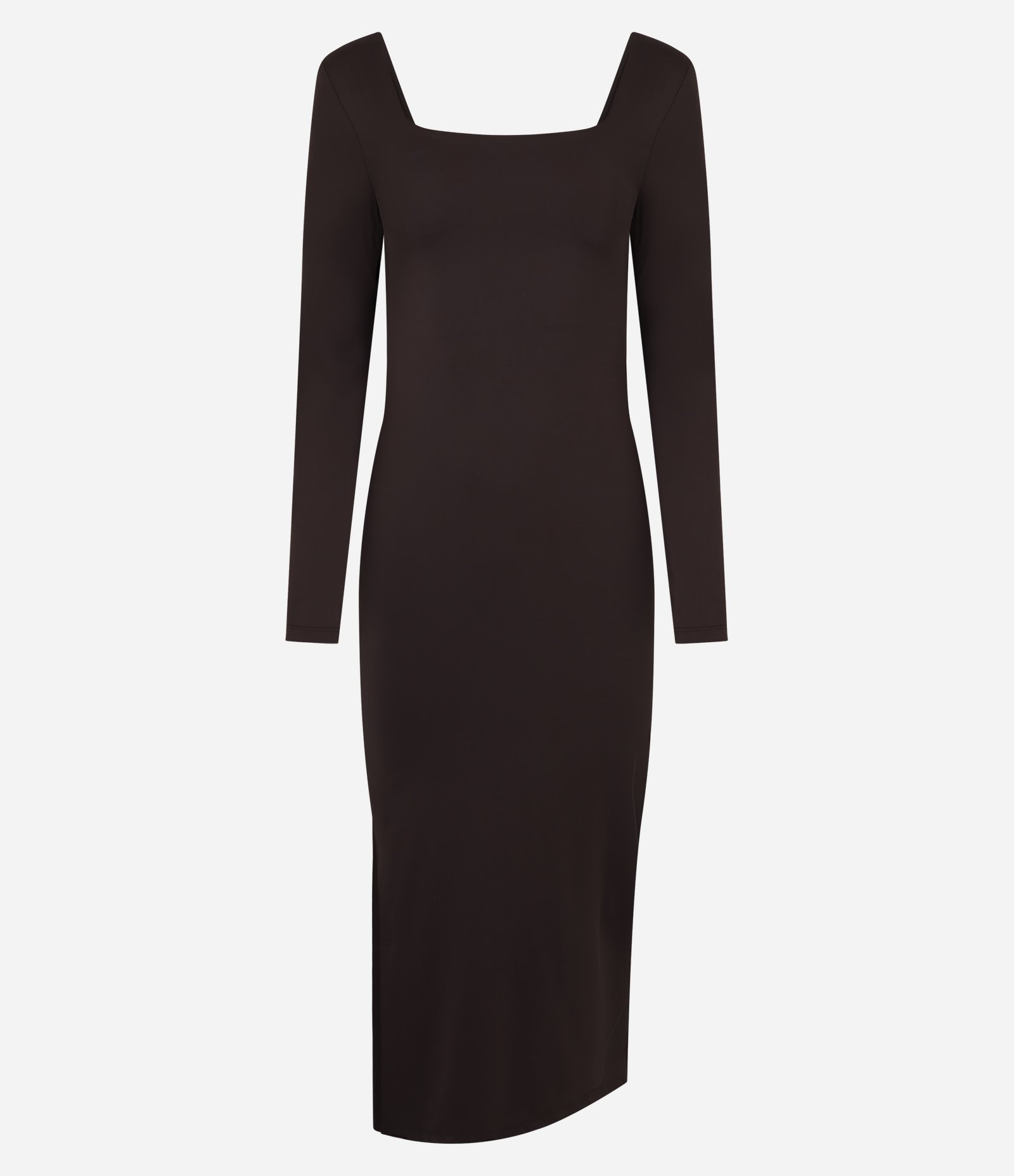 Vestido Midi em Microfibra com Decote Quadrado e Manga Longa Marrom 5