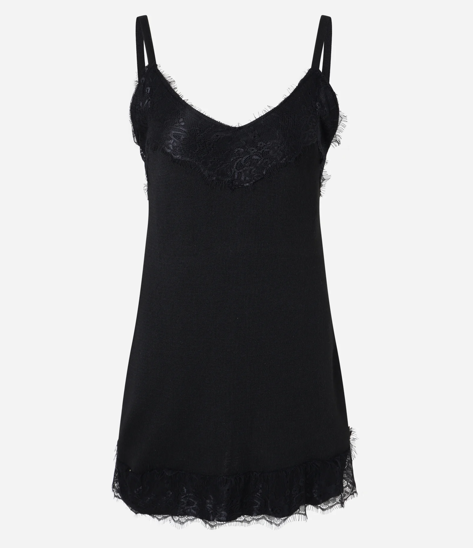 Vestido Curto de Alcinha em Tricô com Renda no Decote Preto 1