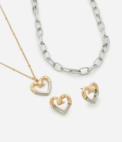Conjunto de Colar Camadas e Brincos com Pingente de Coração