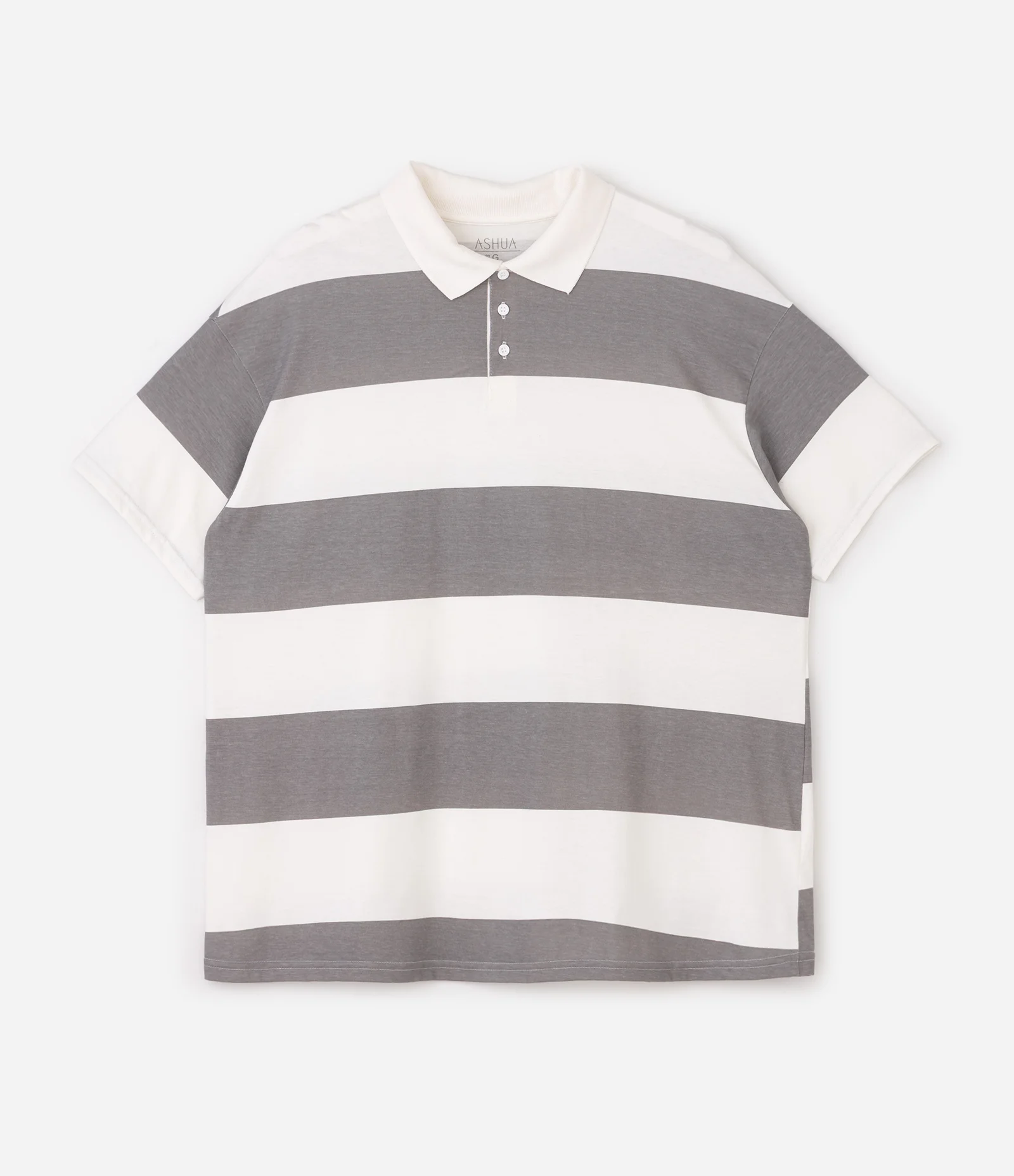 Camiseta Oversized Listrada com Gola Polo Curve & Plus Size Cinza 1