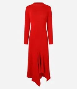 Vestido Midi em Tricô com Barra Assimétrica e Mangas Longas