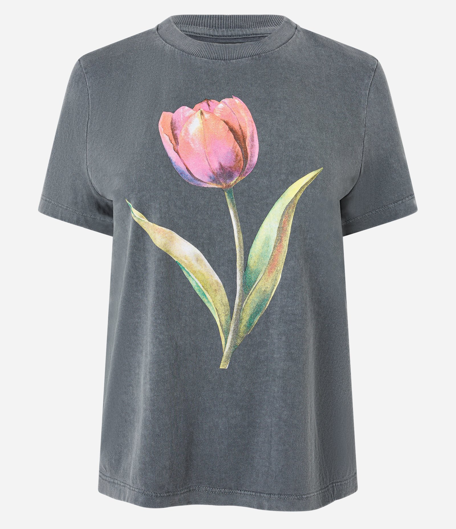 Camiseta Manga Curta em Algodão com Estampa Flor Cinza 5