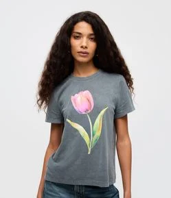 Camiseta Manga Curta em Algodão com Estampa Flor