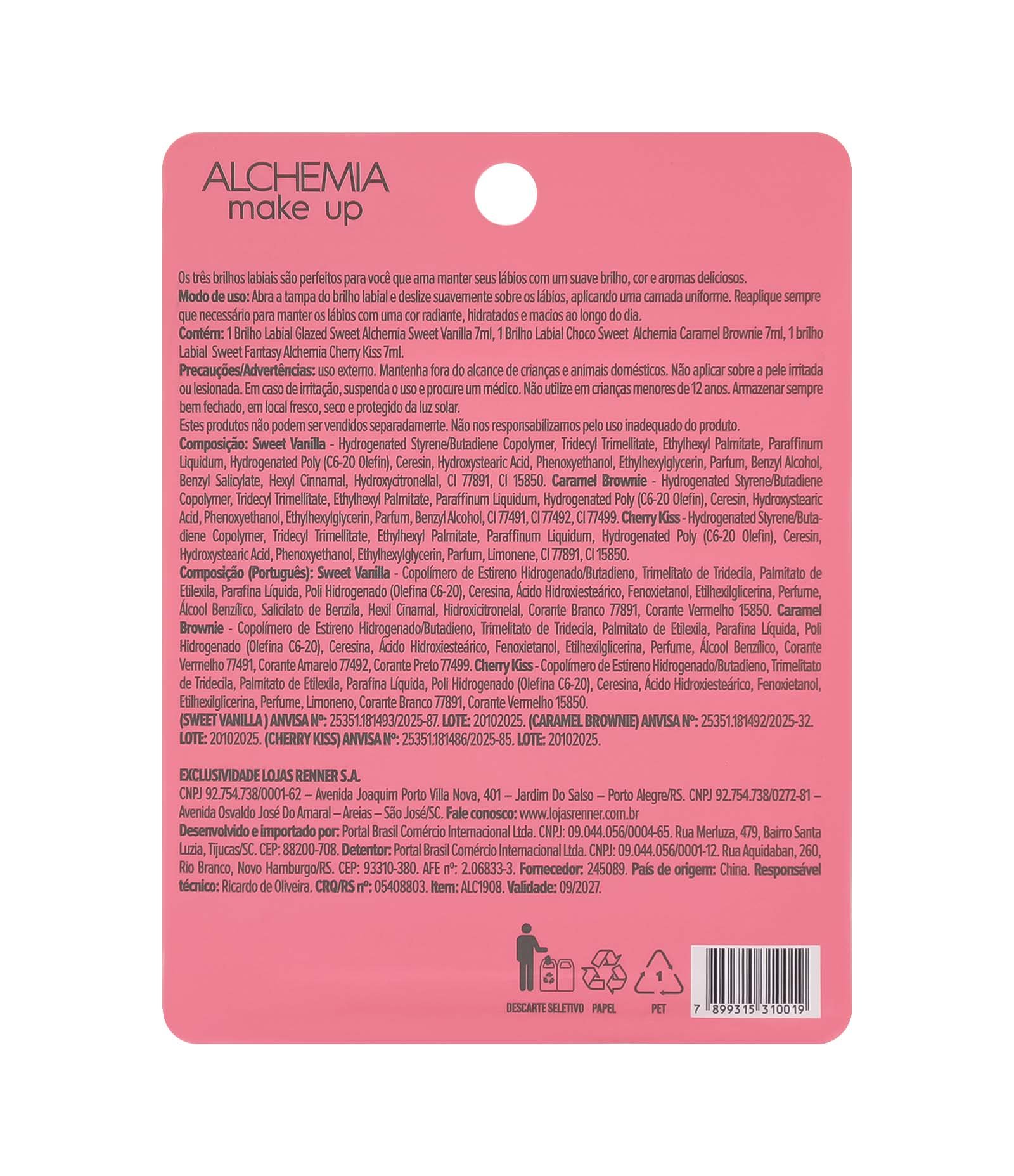Kit Trio de Balms Labiais Caramel Brownie + Cherry Kiss + Sweet Vanilla Alchemia KIT 2