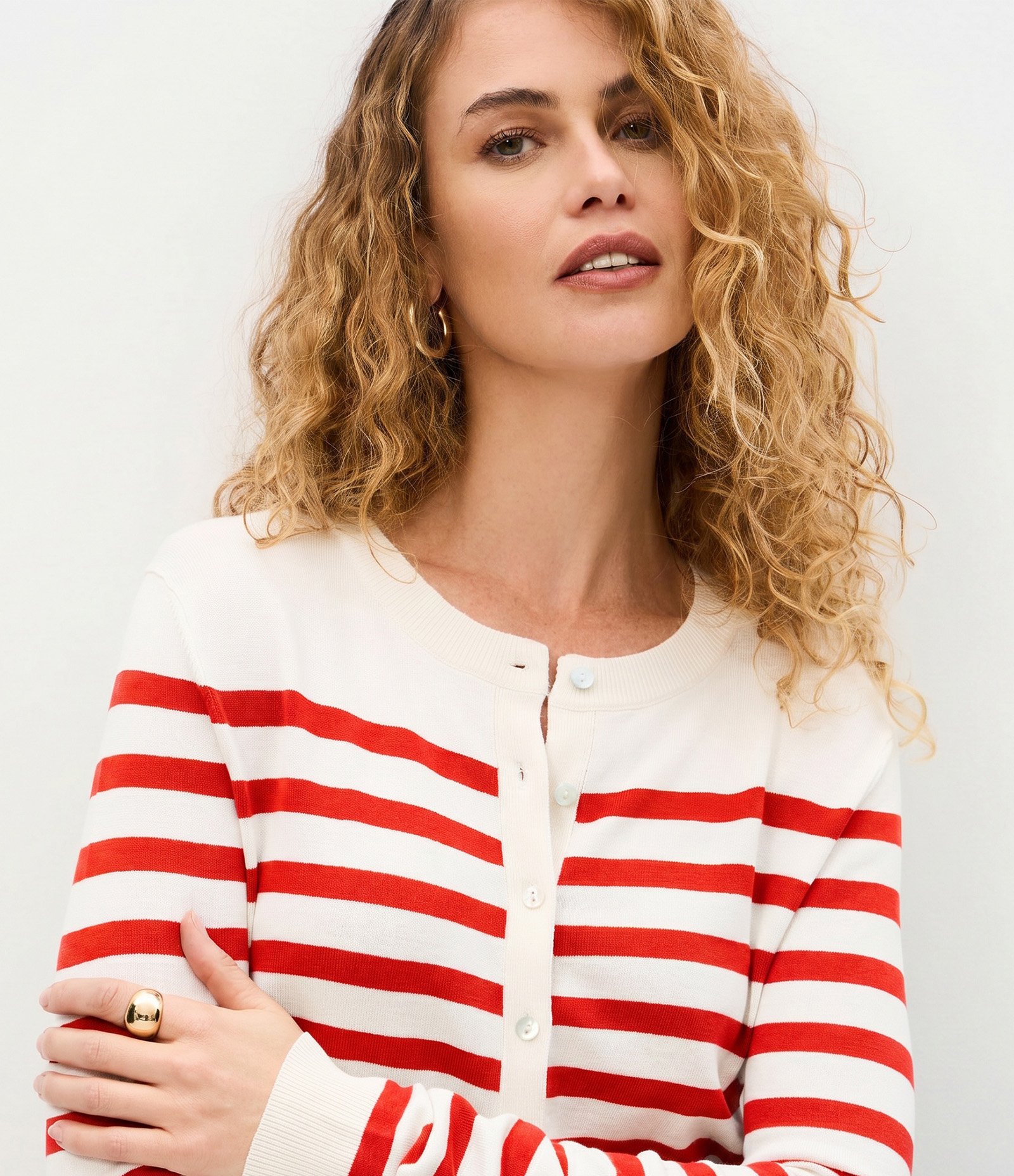 Cardigan em Tricô com Estampa Listrada Branco/Laranja 3