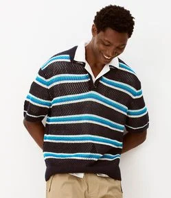 Camisa Polo com Estampa de Listras e Trama Vazada