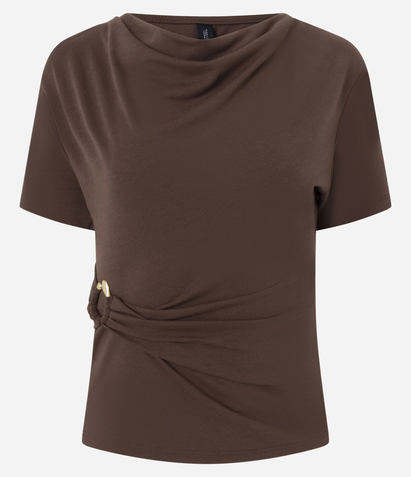 Blusa Texturizada com Decote Drapeado e Aviamento na Cintura Marrom 1