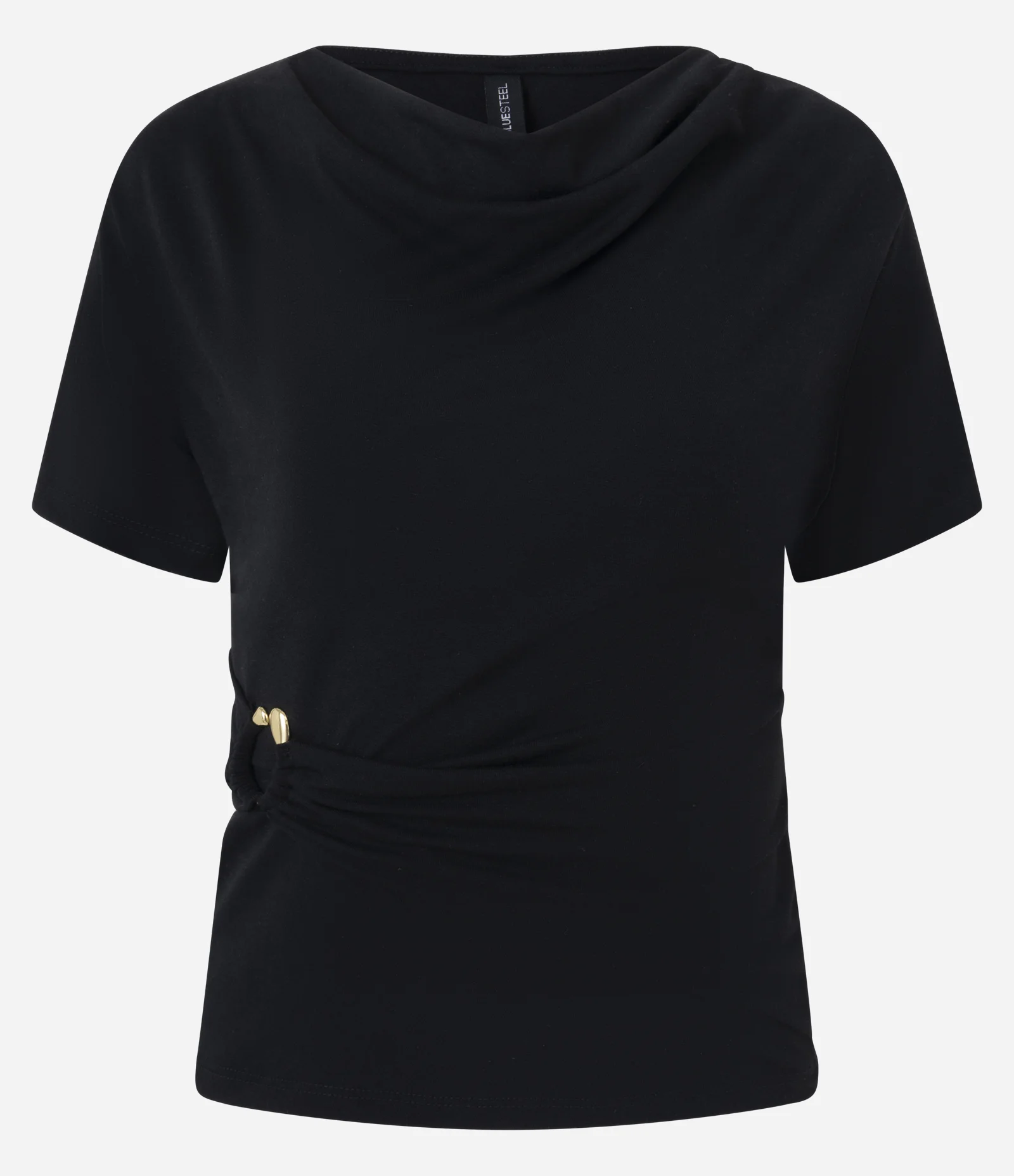 Blusa Texturizada com Decote Drapeado e Aviamento na Cintura Preto 1