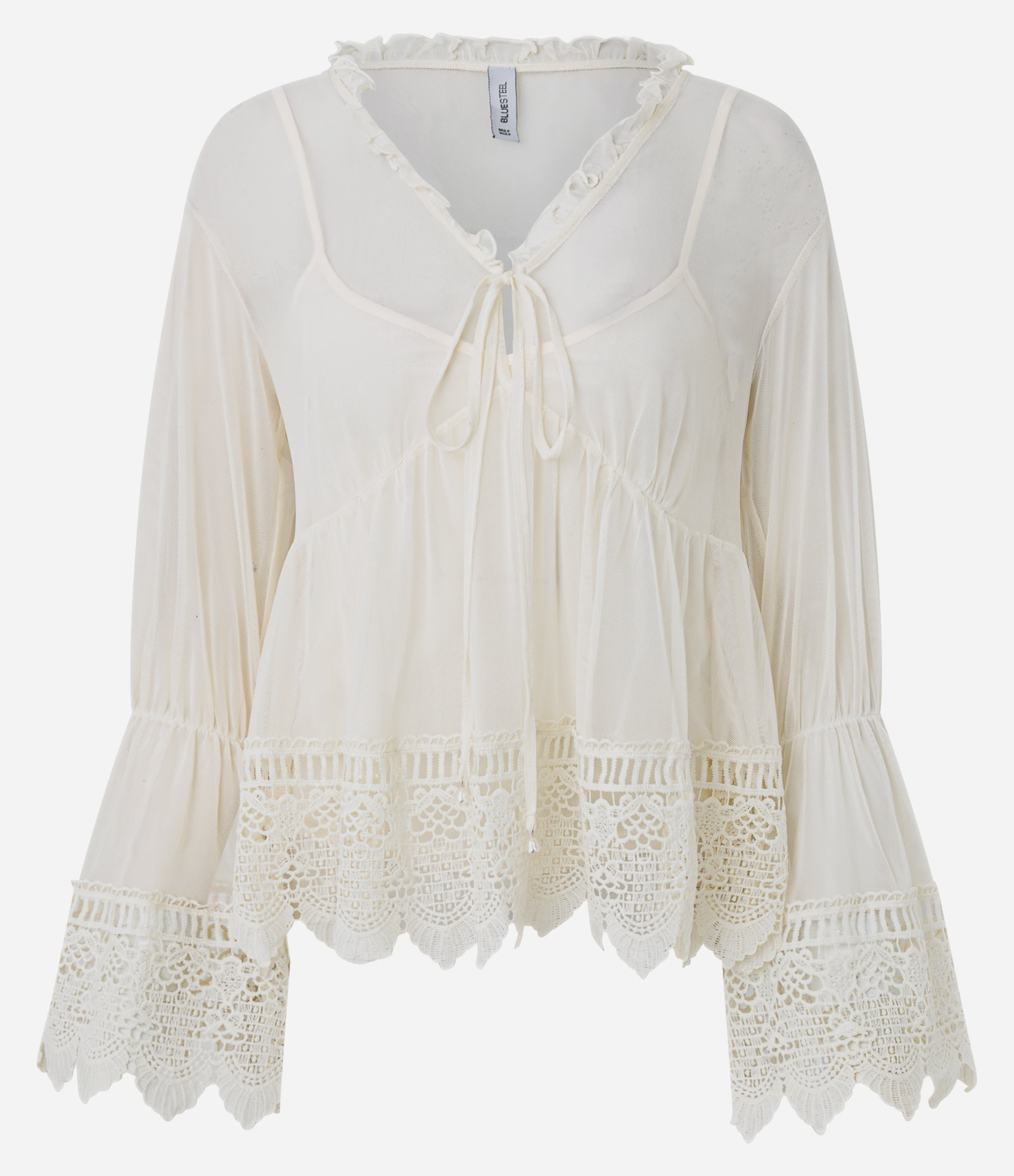 Blusa em Tule com Renda e Babados com Caimento Fluido Off White 5