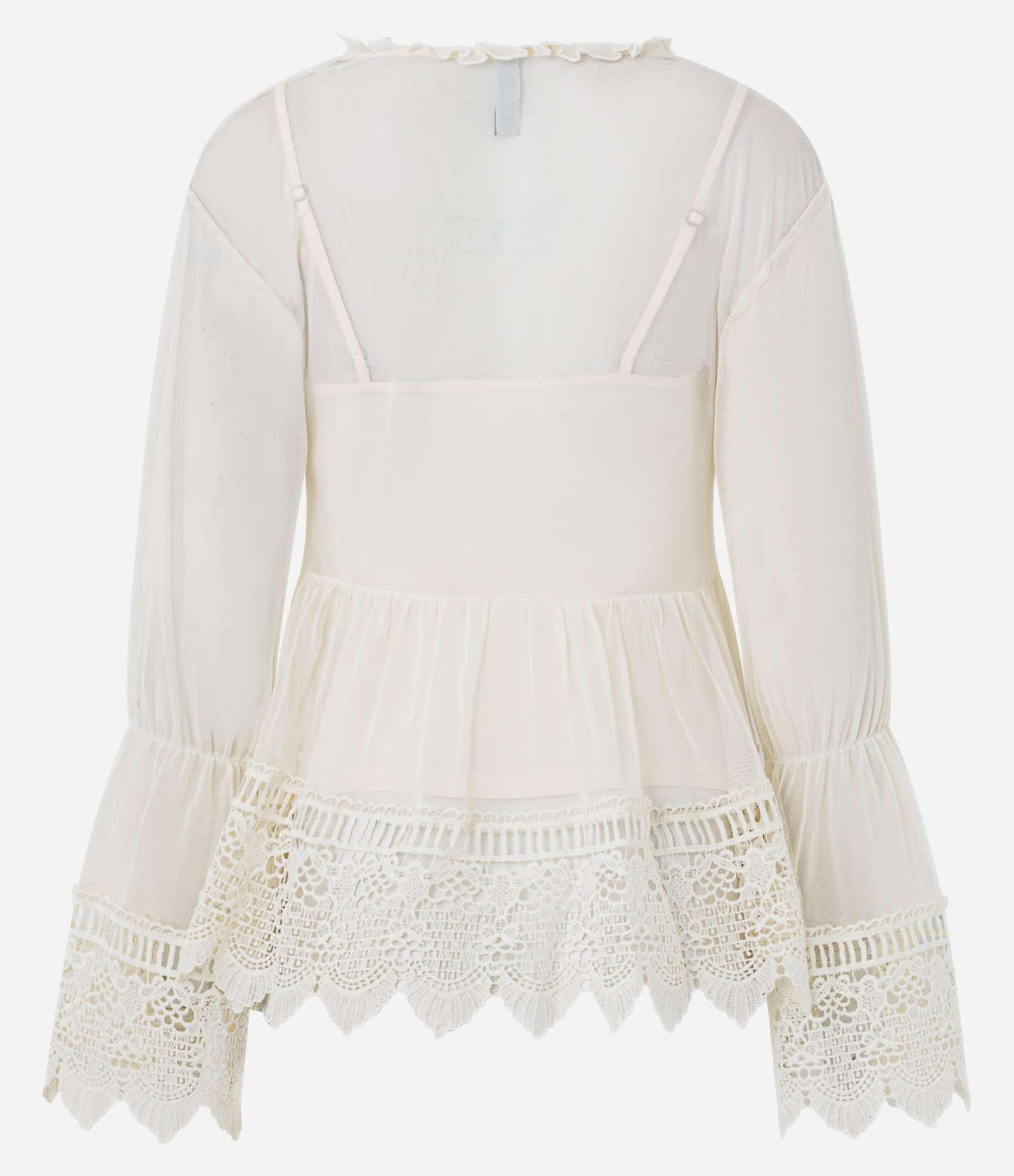 Blusa em Tule com Renda e Babados com Caimento Fluido Off White 8