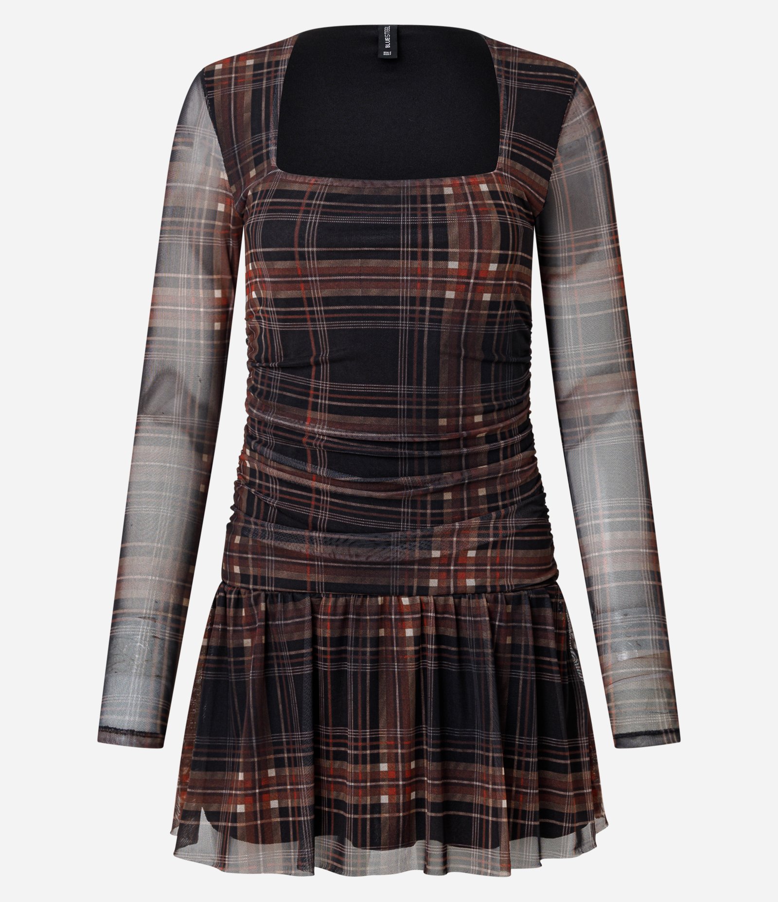 Vestido Tule Xadrez com Babados Marrom 5