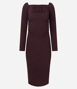Vestido Midi Texturizado com Decote Quadrado e Franzidos