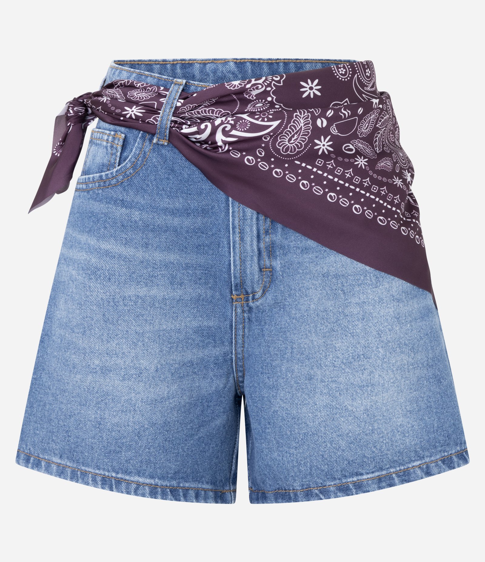 Short Jeans com Lenço Estampado na Cintura Azul Médio 1