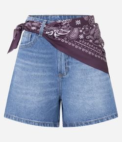 Short Jeans com Lenço Estampado na Cintura