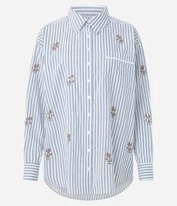 Camisa Oversized em Tricoline Listrado com Bordado de Beads