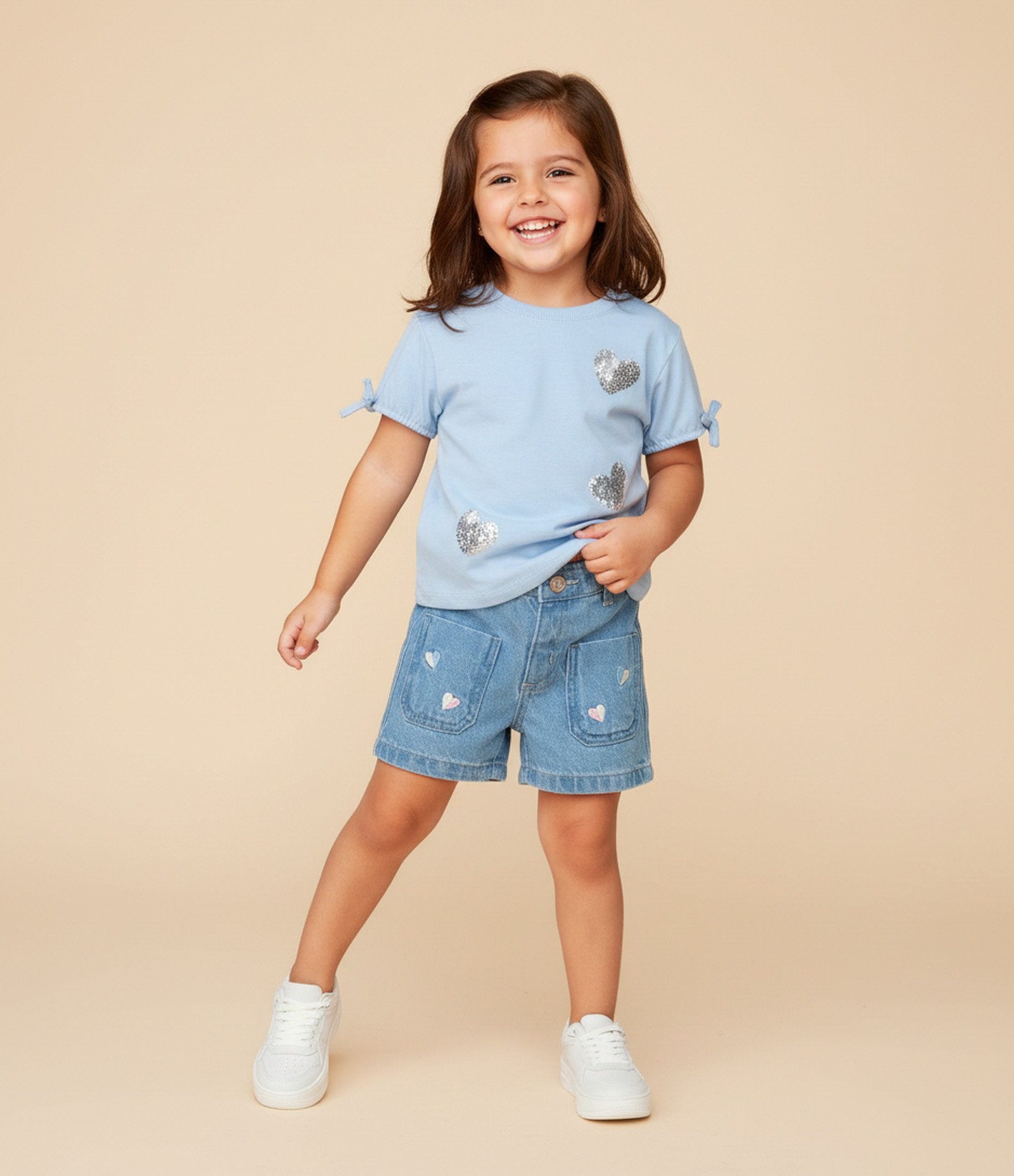 Short Infantil em Jeans com Bordado de Corações – Tam 1 a 5/6 Anos Azul 1