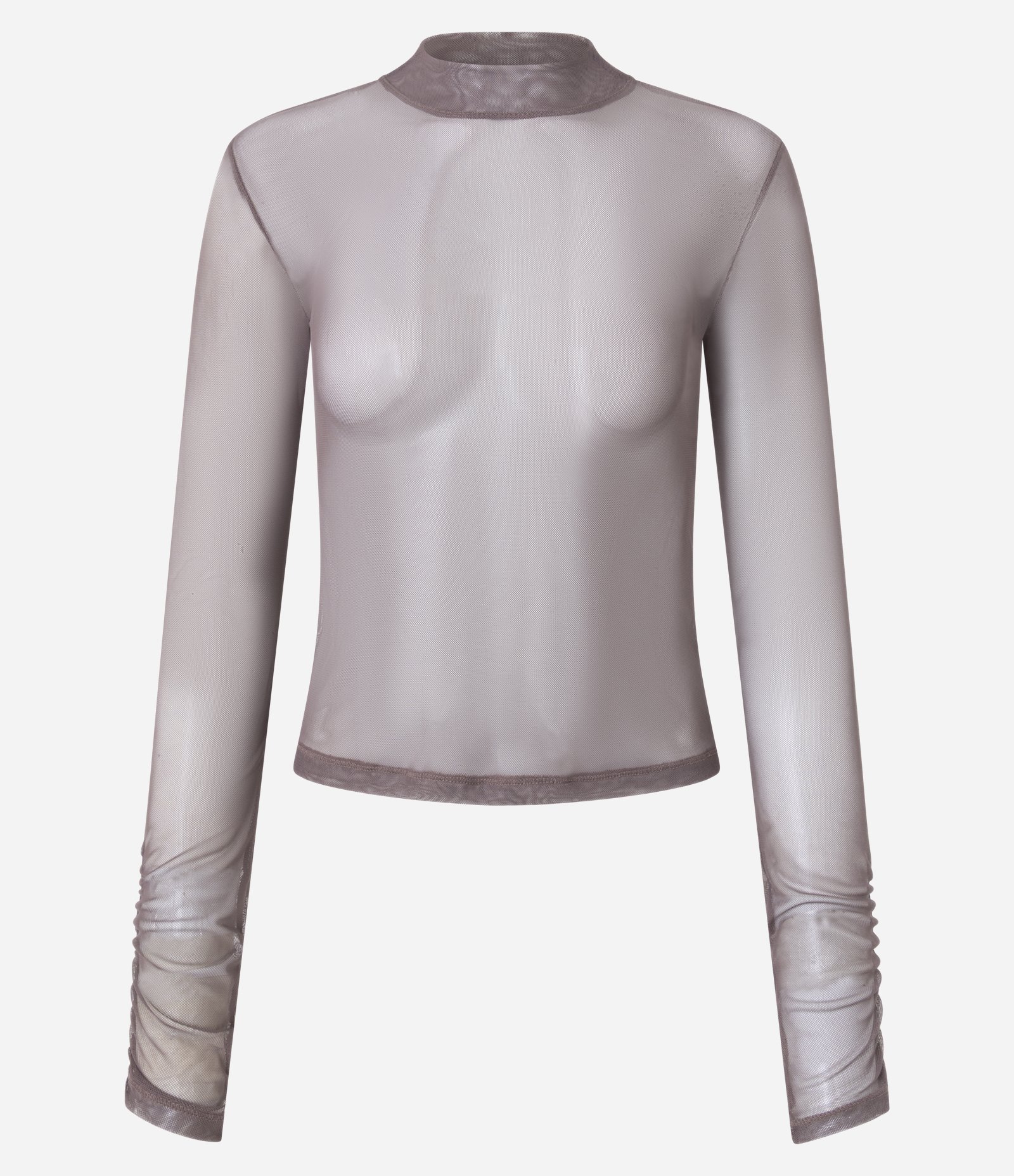 Blusa em Tule com Gola Alta e Franzidos Marrom Claro 1