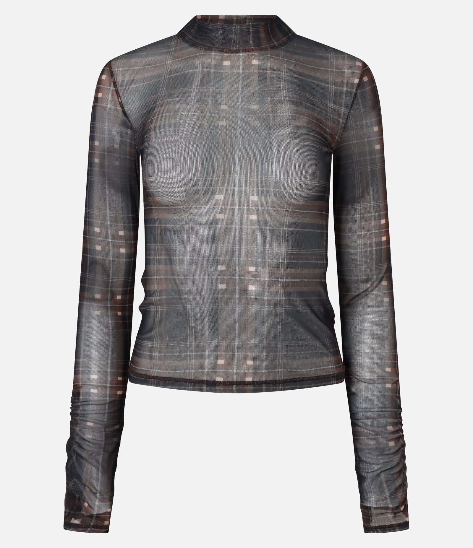 Blusa em Tule Xadrez com Mangas Drapeadas Marrom 5