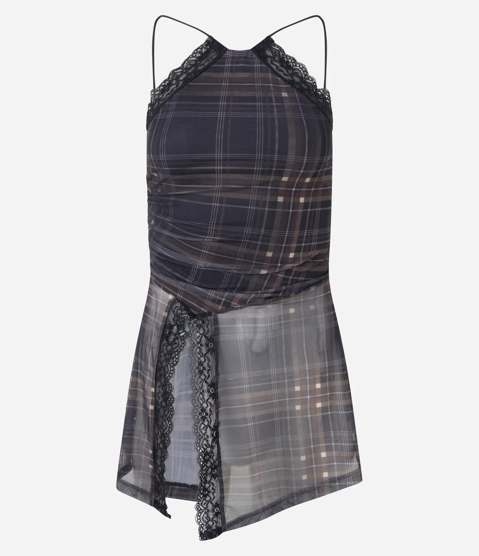 Blusa Halter em Tule Xadrez com Renda e Barra Transpassada Preto 1