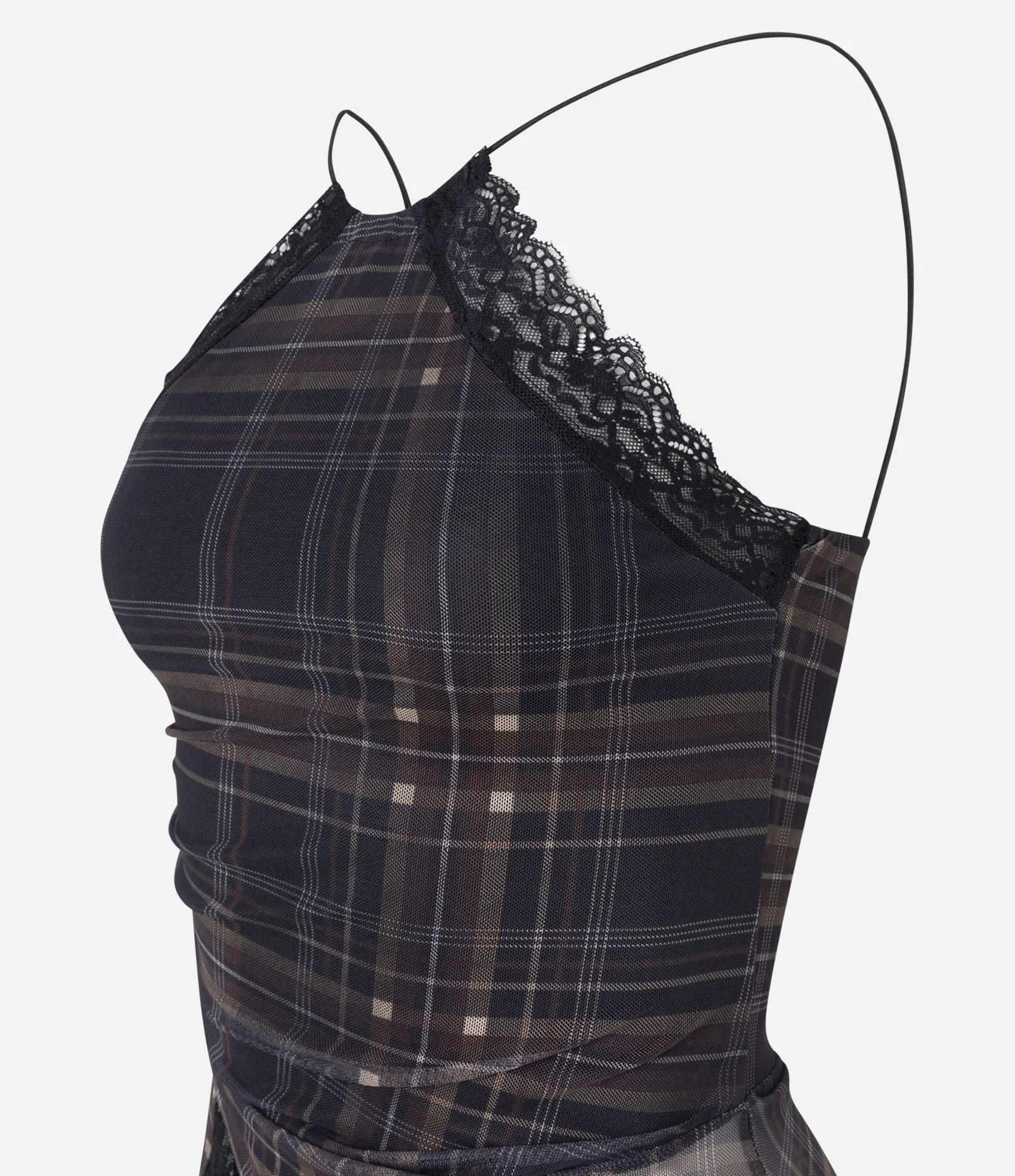 Blusa Halter em Tule Xadrez com Renda e Barra Transpassada Preto 2