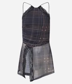 Blusa Halter em Tule Xadrez com Renda e Barra Transpassada