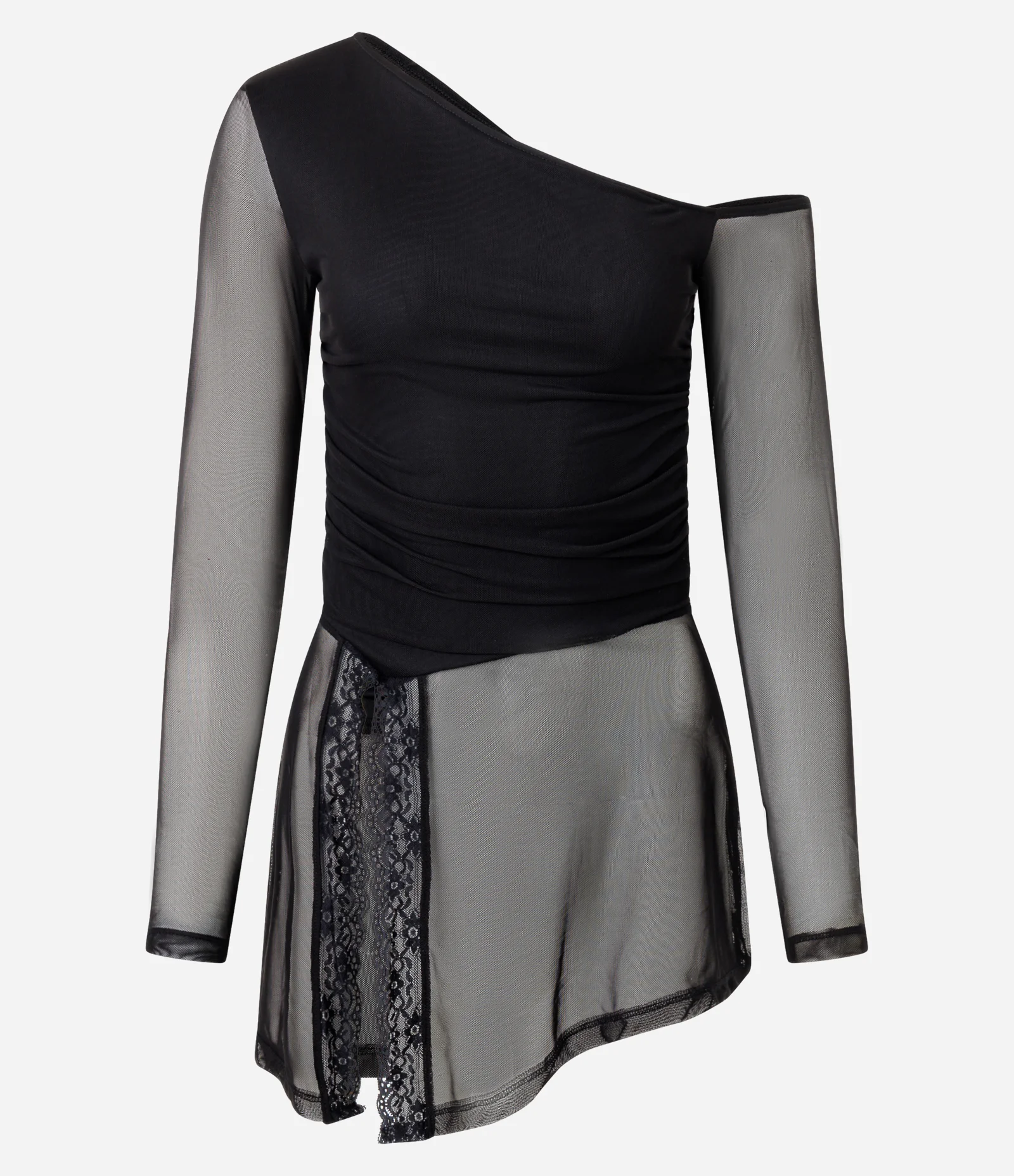 Blusa Assimétrica em Tule com Renda Preto 1