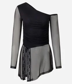 Blusa Assimétrica em Tule com Renda